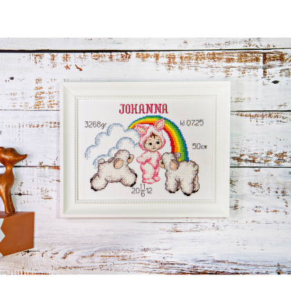 Barn i kaninkostyme i rosa toner - maleri