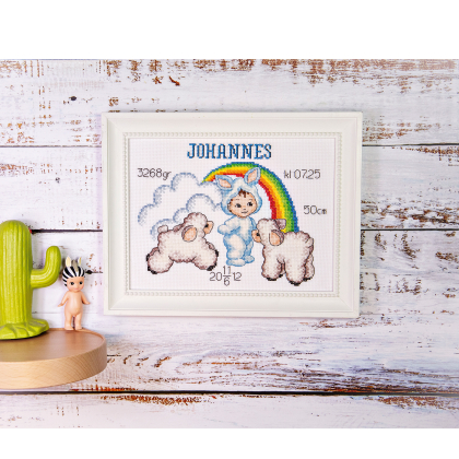 Barn i kaninkostyme i blåtoner - maleri