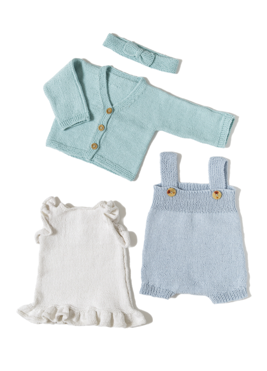 Babyset kofta, klänning, byxa och pannband